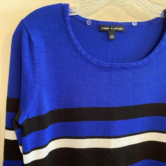 Cable & Gauge Sweater Cobalt Blue Striped Long Sleeve Women's Size Med *FLAW - Picture 7 of 10